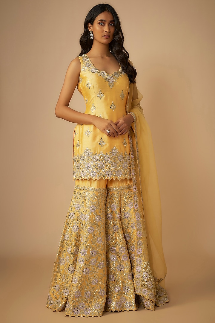 Yellow Slub Silk Resham & Mirror Embroidered Sharara Set by Suhino at Pernia's Pop Up Shop