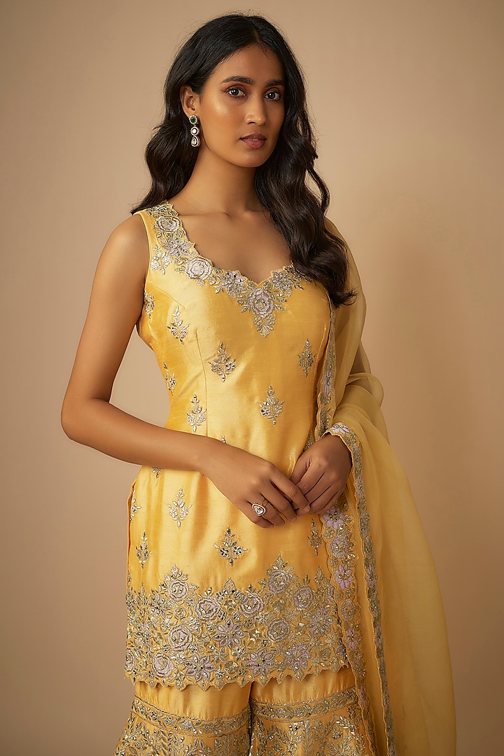 Yellow Slub Silk Resham & Mirror Embroidered Wedding Sharara Set by Suhino at Pernia's Pop Up Shop