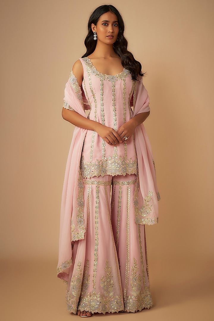 Pink Organza Zari & Mirror Embroidered Gharara Set by Suhino at Pernia's Pop Up Shop