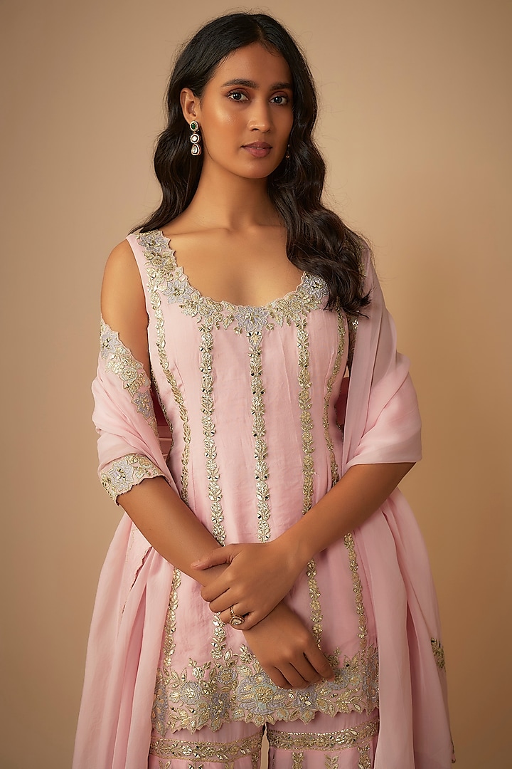 Pink Organza Zari & Mirror Embroidered Gharara Set by Suhino at Pernia's Pop Up Shop
