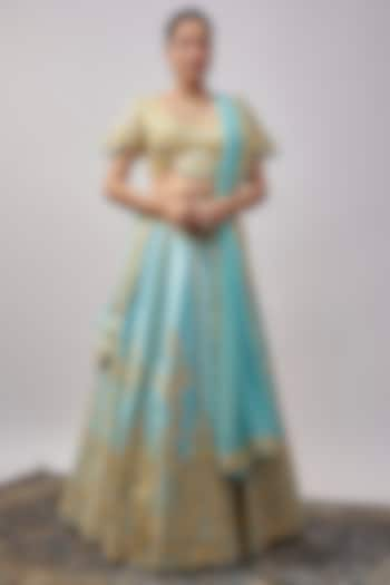 Sky Blue Taffeta Silk Resham & Mirror Embroidered Wedding Lehenga Set by Suhino at Pernia's Pop Up Shop