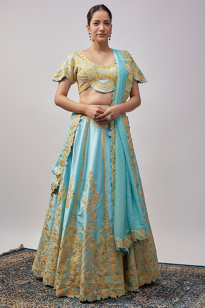 Sky Blue Taffeta Silk Resham & Mirror Embroidered Wedding Lehenga Set by Suhino at Pernia's Pop Up Shop