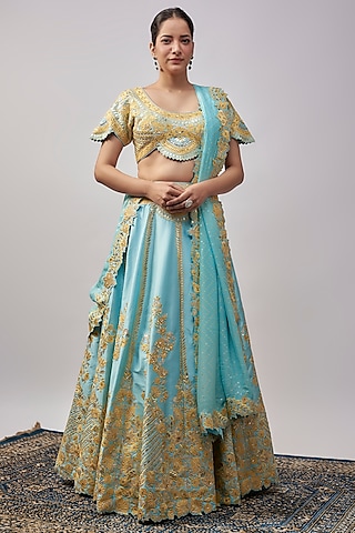 Sky Blue Taffeta Silk Resham & Mirror Embroidered Lehenga Set by Suhino