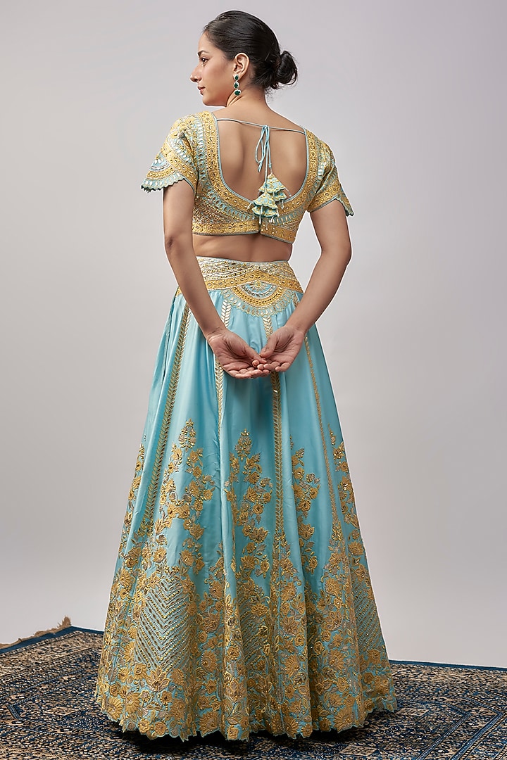 Sky Blue Taffeta Silk Resham & Mirror Embroidered Wedding Lehenga Set by Suhino at Pernia's Pop Up Shop