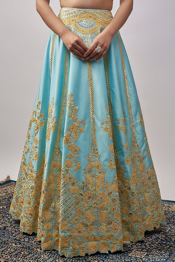 Sky Blue Taffeta Silk Resham & Mirror Embroidered Wedding Lehenga Set by Suhino at Pernia's Pop Up Shop