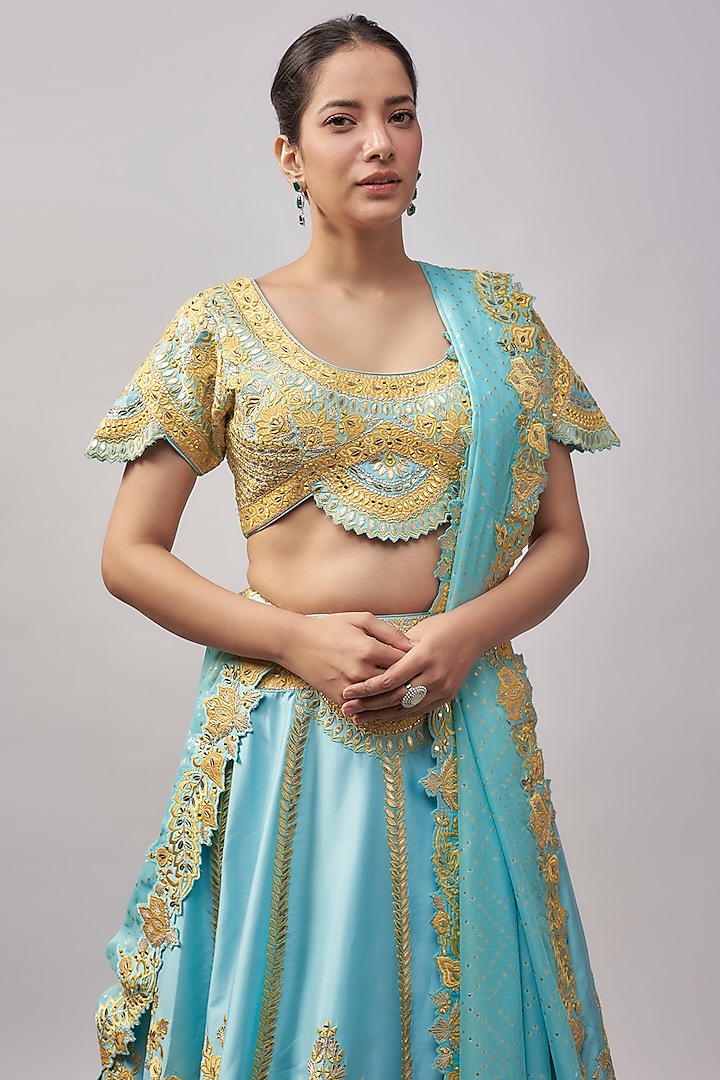 Sky Blue Taffeta Silk Resham & Mirror Embroidered Wedding Lehenga Set by Suhino at Pernia's Pop Up Shop