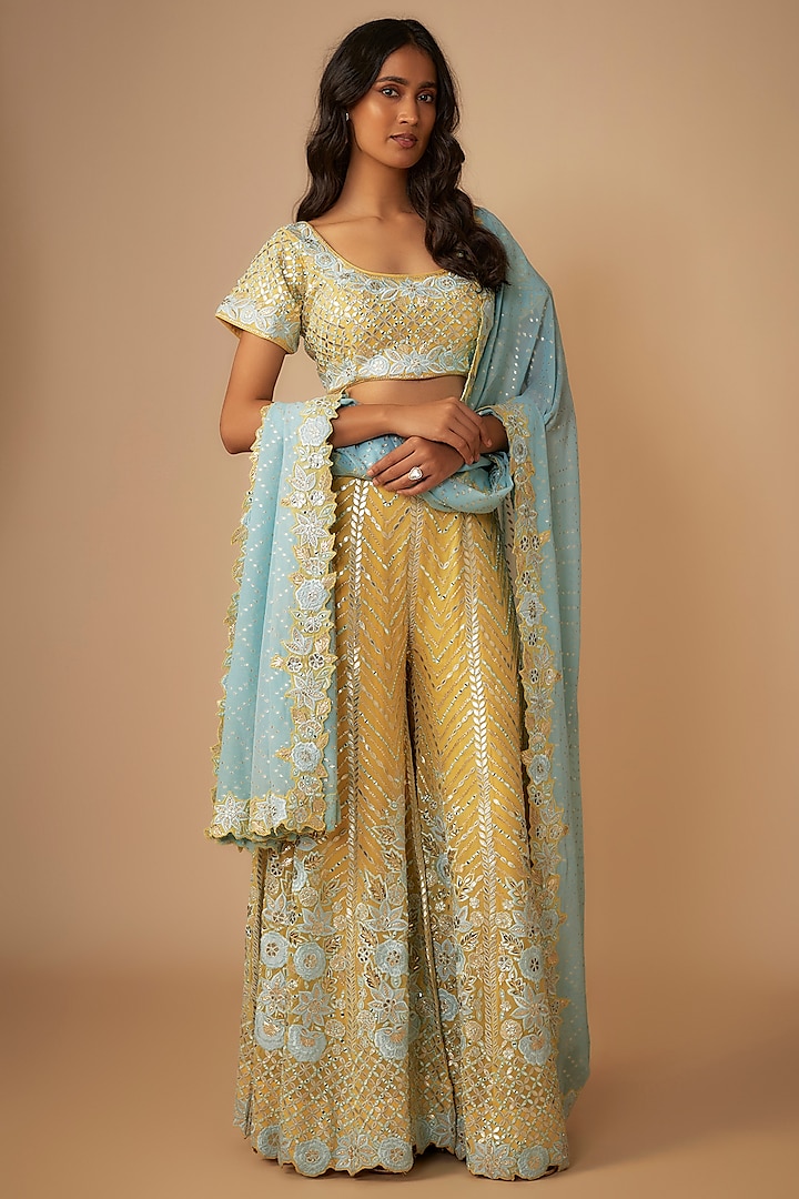 Yellow Georgette Mirror & Resham Embroidered Sharara Set by Suhino at Pernia's Pop Up Shop