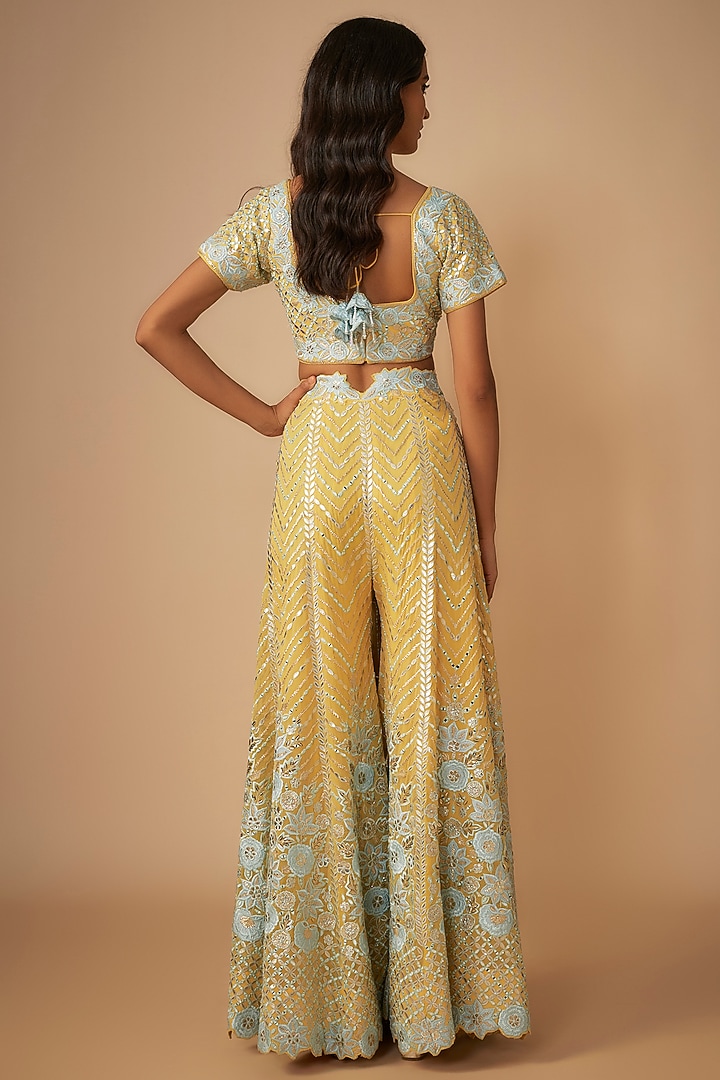 Yellow Georgette Mirror & Resham Embroidered Wedding Sharara Set by Suhino at Pernia's Pop Up Shop