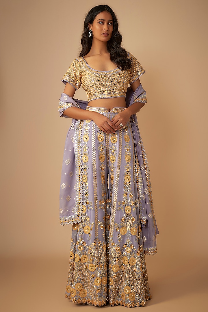 Purple Georgette Mirror & Resham Embroidered Sharara Set by Suhino at Pernia's Pop Up Shop