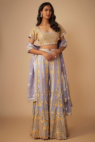 Purple Georgette Mirror & Resham Embroidered Sharara Set by Suhino