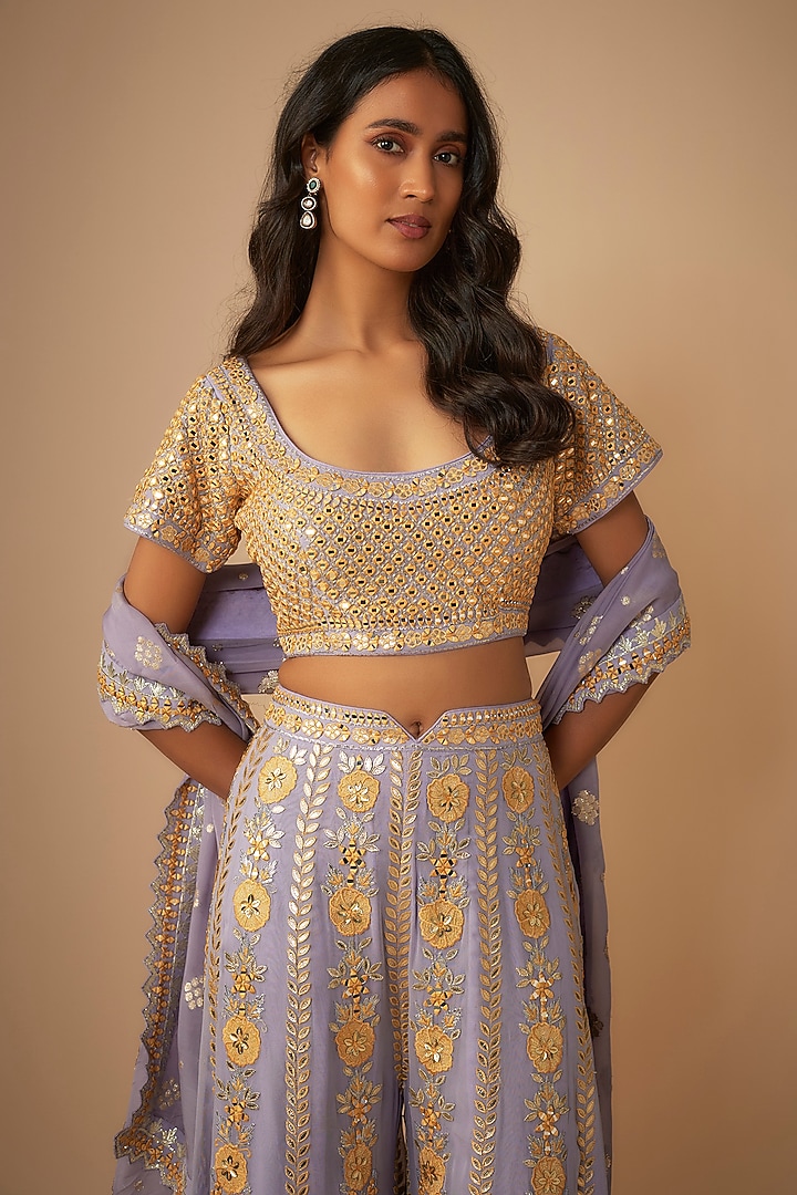 Purple Georgette Mirror & Resham Embroidered Wedding Sharara Set by Suhino at Pernia's Pop Up Shop
