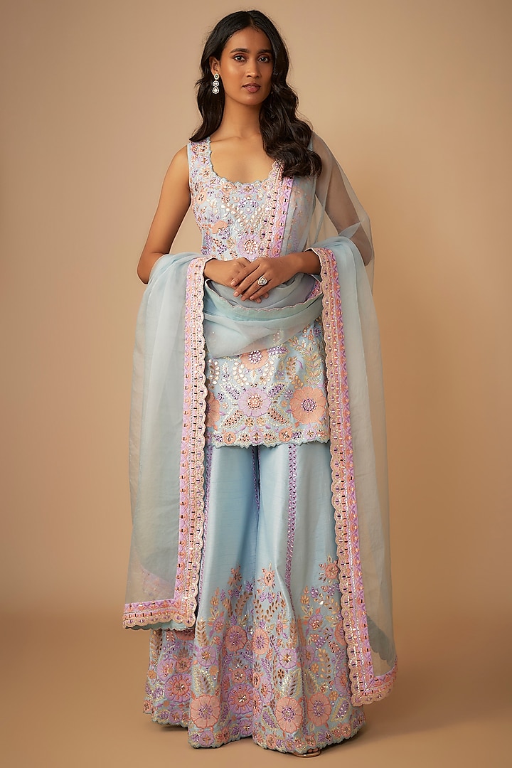 Ice Blue Slub Silk Resham & Mirror Embroidered Sharara Set by Suhino at Pernia's Pop Up Shop