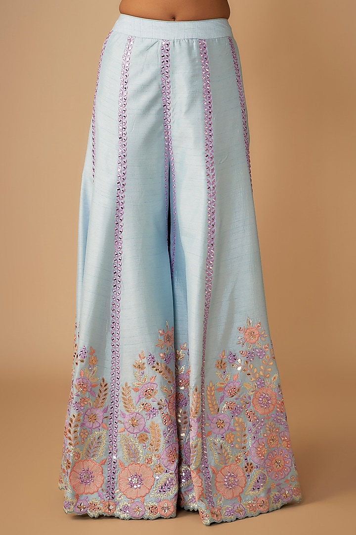 Ice Blue Slub Silk Resham & Mirror Embroidered Wedding Sharara Set by Suhino at Pernia's Pop Up Shop
