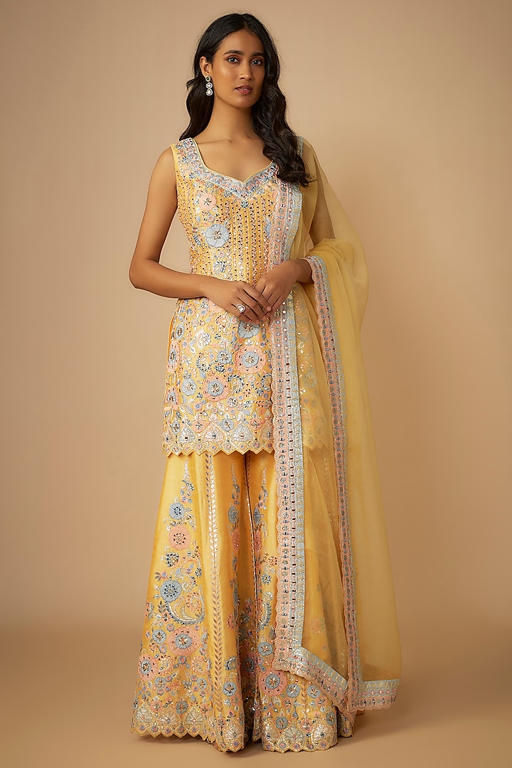 Yellow Slub Silk Resham & Mirror Embroidered Sharara Set by Suhino at Pernia's Pop Up Shop