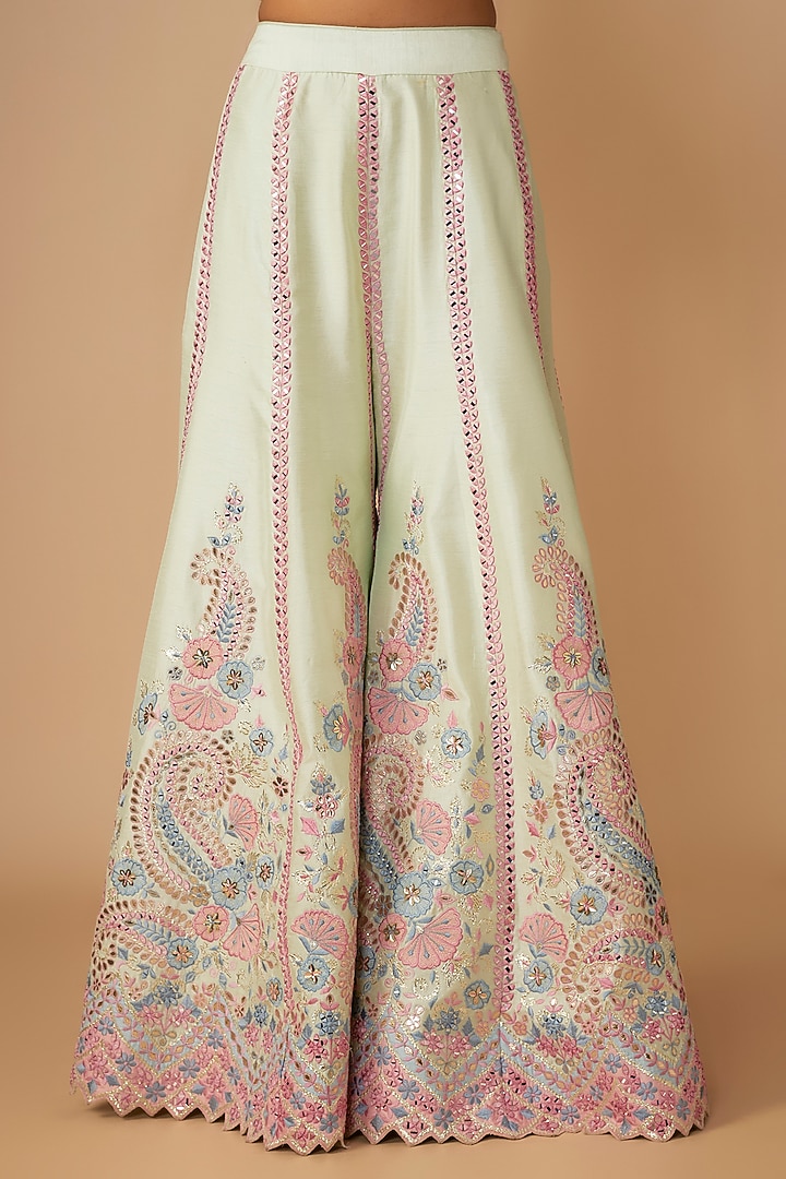 Green Slub Silk Resham & Mirror Embroidered Wedding Sharara Set by Suhino at Pernia's Pop Up Shop
