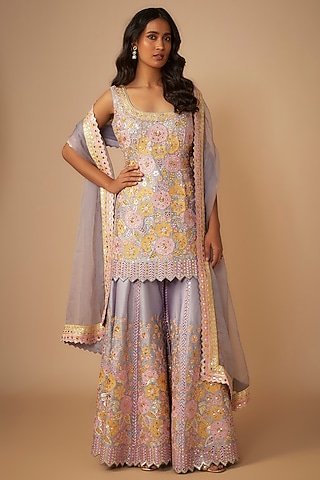 Purple Slub Silk Resham & Mirror Embroidered Sharara Set by Suhino