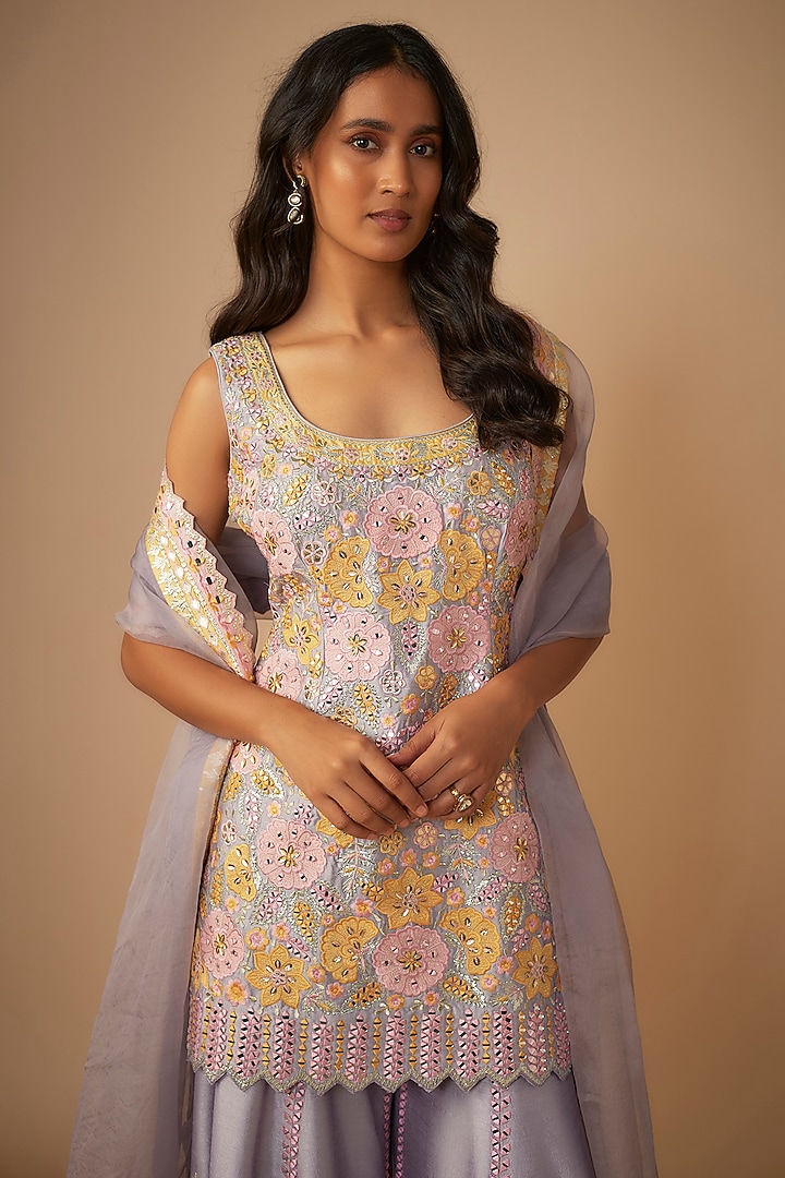 Purple Slub Silk Resham & Mirror Embroidered Wedding Sharara Set by Suhino at Pernia's Pop Up Shop