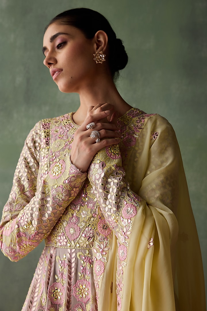 Grey Organza Resham & Mirror Embroidered Bridal Anarkali Set by Suhino at Pernia's Pop Up Shop