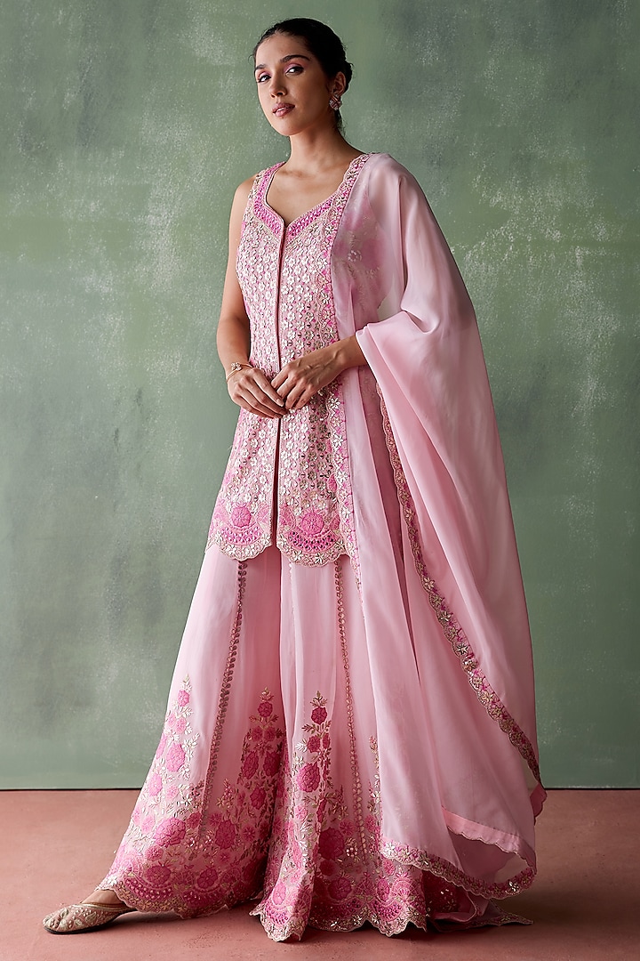 Pink Organza Resham & Mirror Embroidered Sharara Set by Suhino at Pernia's Pop Up Shop