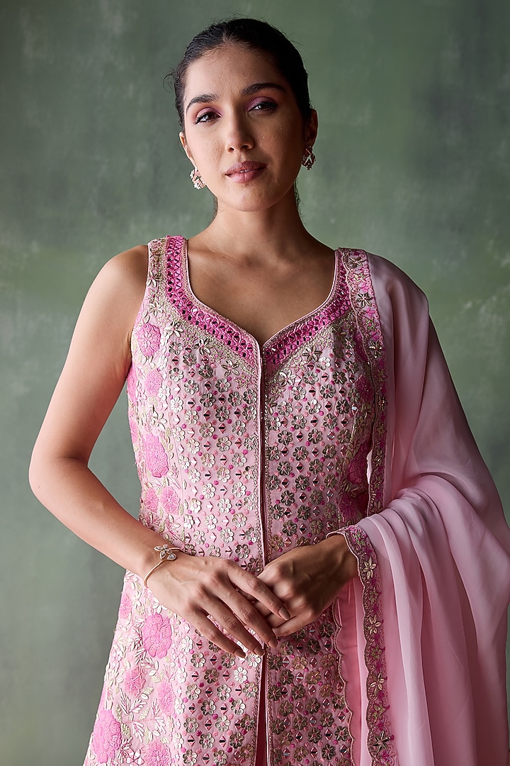 Pink Organza Resham & Mirror Embroidered Wedding Sharara Set by Suhino at Pernia's Pop Up Shop