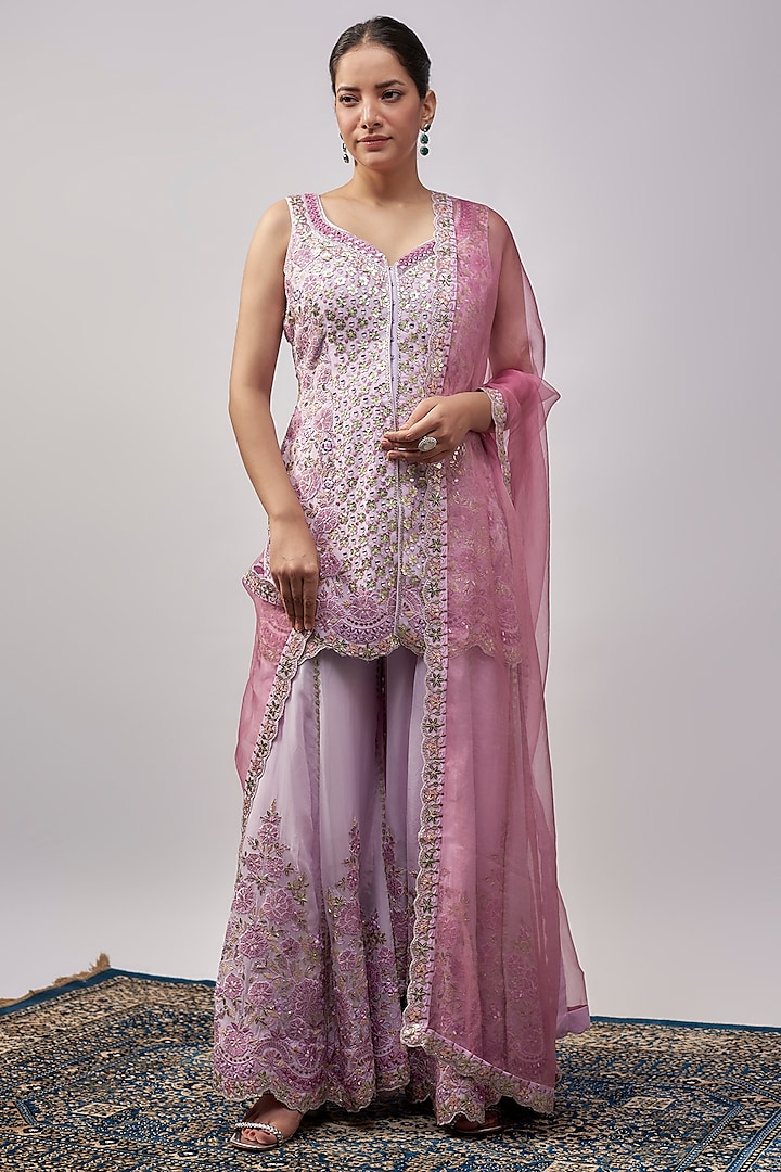 Purple Organza Resham & Mirror Embroidered Sharara Set by Suhino at Pernia's Pop Up Shop