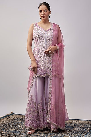 Purple Organza Resham & Mirror Embroidered Sharara Set by Suhino