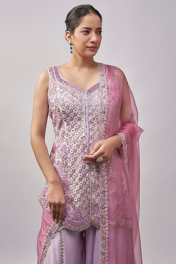 Purple Organza Resham & Mirror Embroidered Wedding Sharara Set by Suhino at Pernia's Pop Up Shop