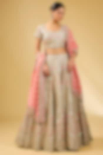 Champagne Slub Silk Resham & Mirror Embroidered Wedding Lehenga Set by Suhino at Pernia's Pop Up Shop