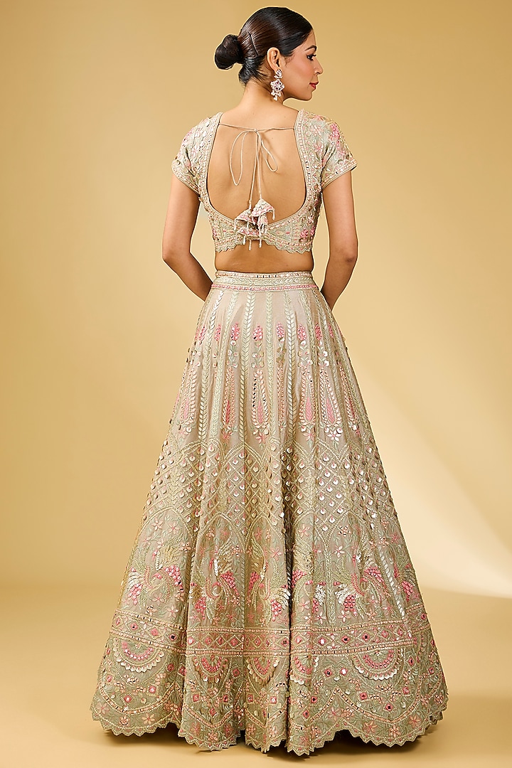 Champagne Slub Silk Resham & Mirror Embroidered Wedding Lehenga Set by Suhino at Pernia's Pop Up Shop