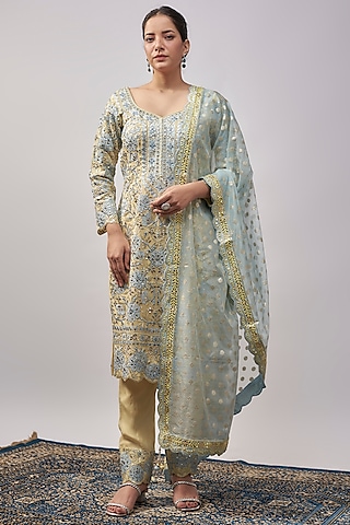 Yellow Organza Resham & Mirror Embroidered Long Kurta Set by Suhino