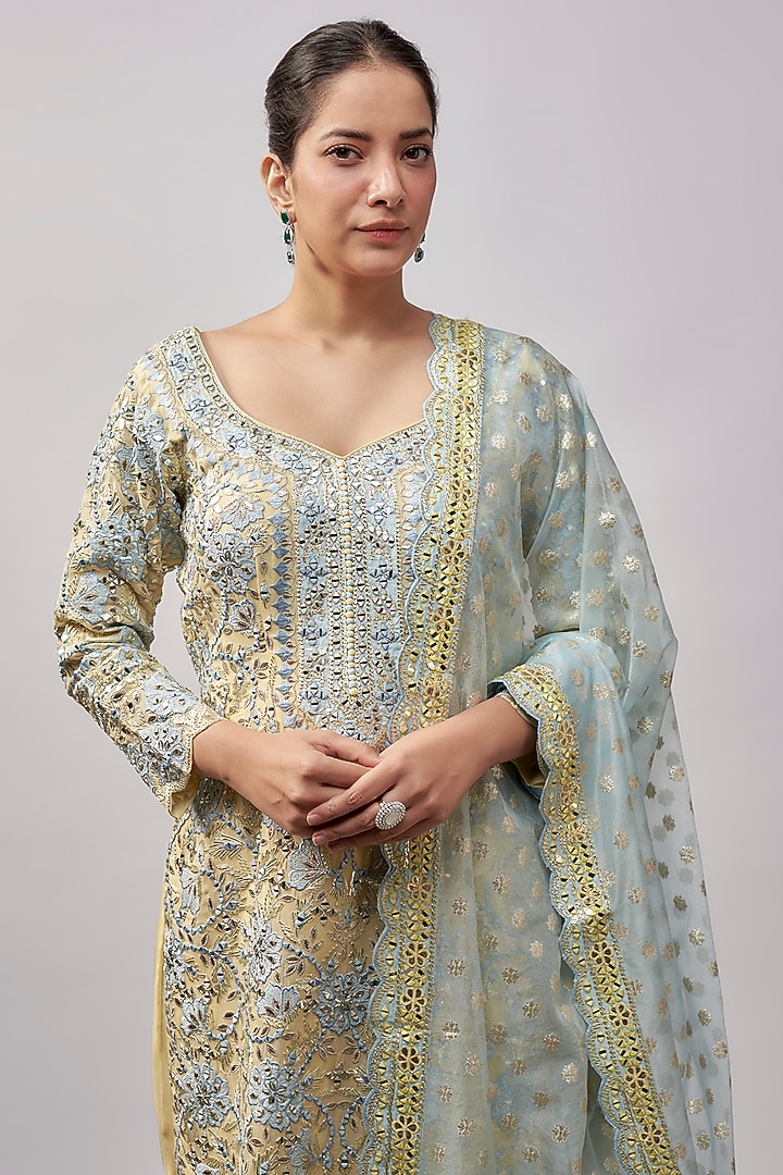 Yellow Organza Resham & Mirror Embroidered Long Kurta Set by Suhino at Pernia's Pop Up Shop