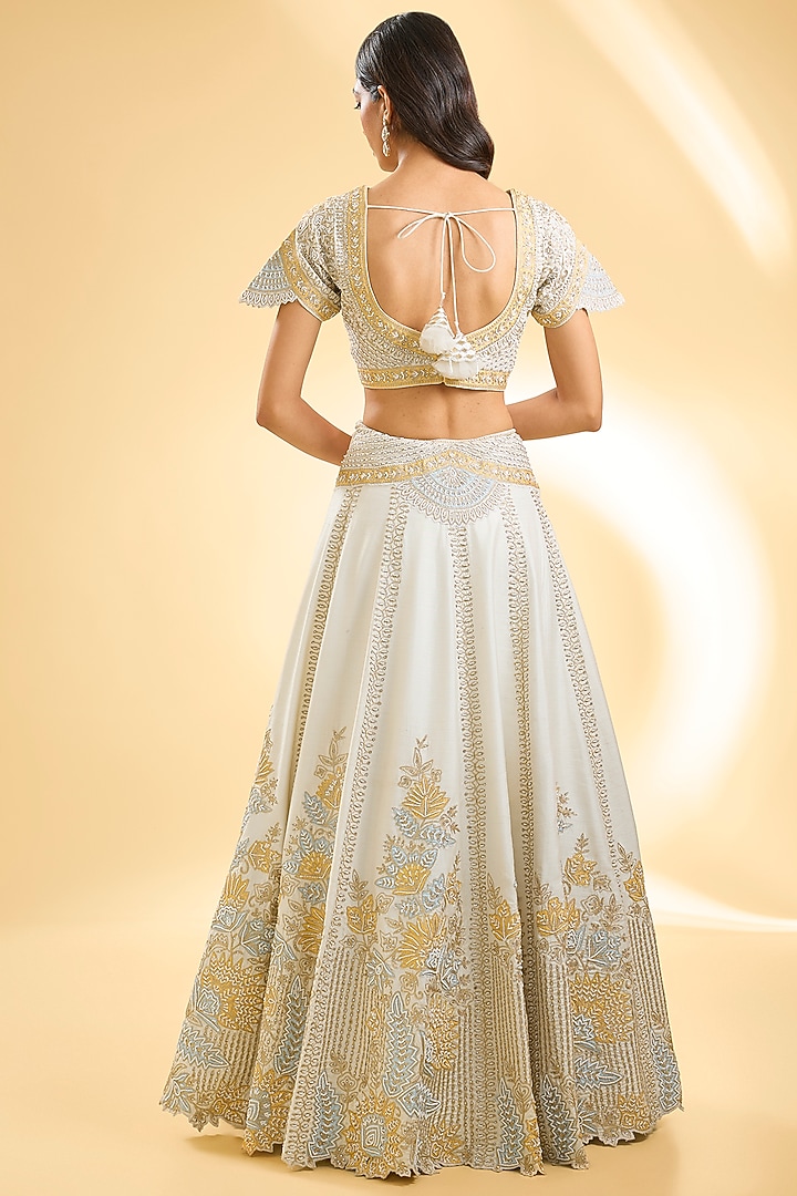 White Slub Silk Aari Embroidered Wedding Lehenga Set by Suhino at Pernia's Pop Up Shop