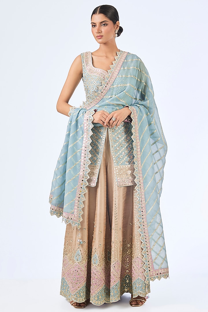 Champagne Slub Silk Patch Embroidered Wedding Sharara Set by Suhino at Pernia's Pop Up Shop