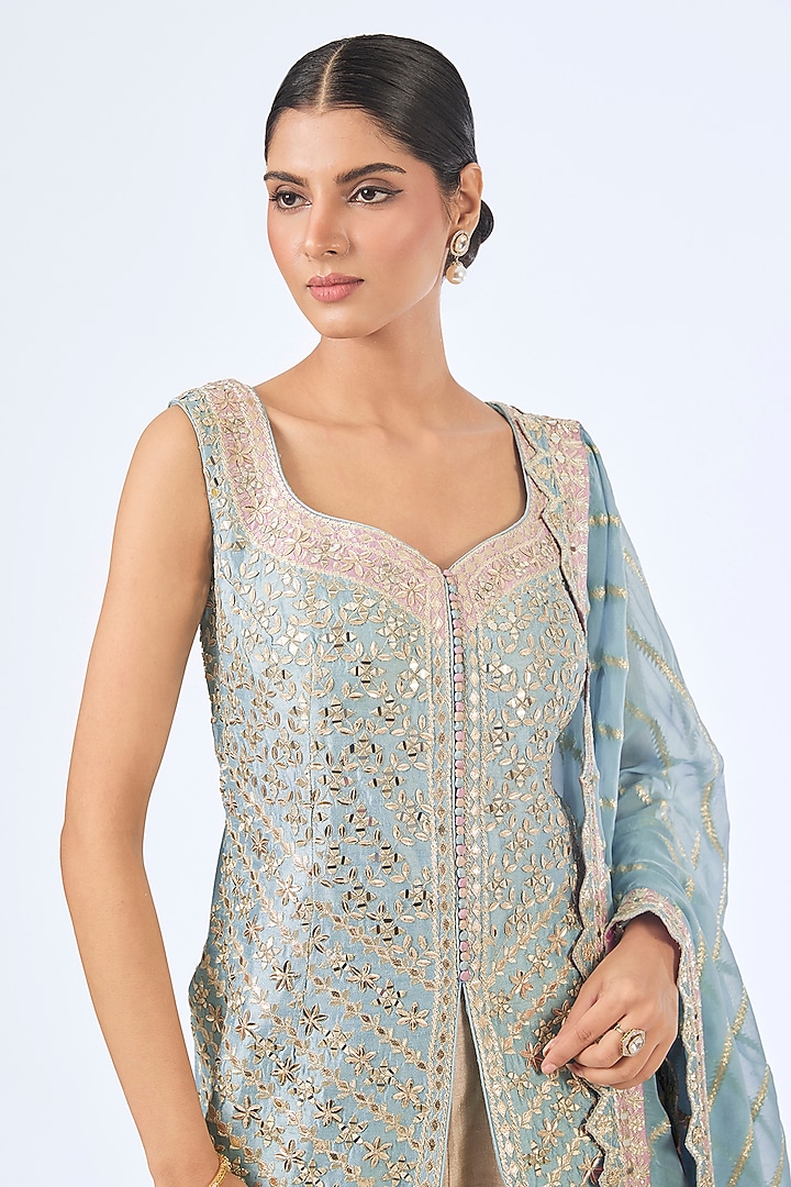 Champagne Slub Silk Patch Embroidered Wedding Sharara Set by Suhino at Pernia's Pop Up Shop