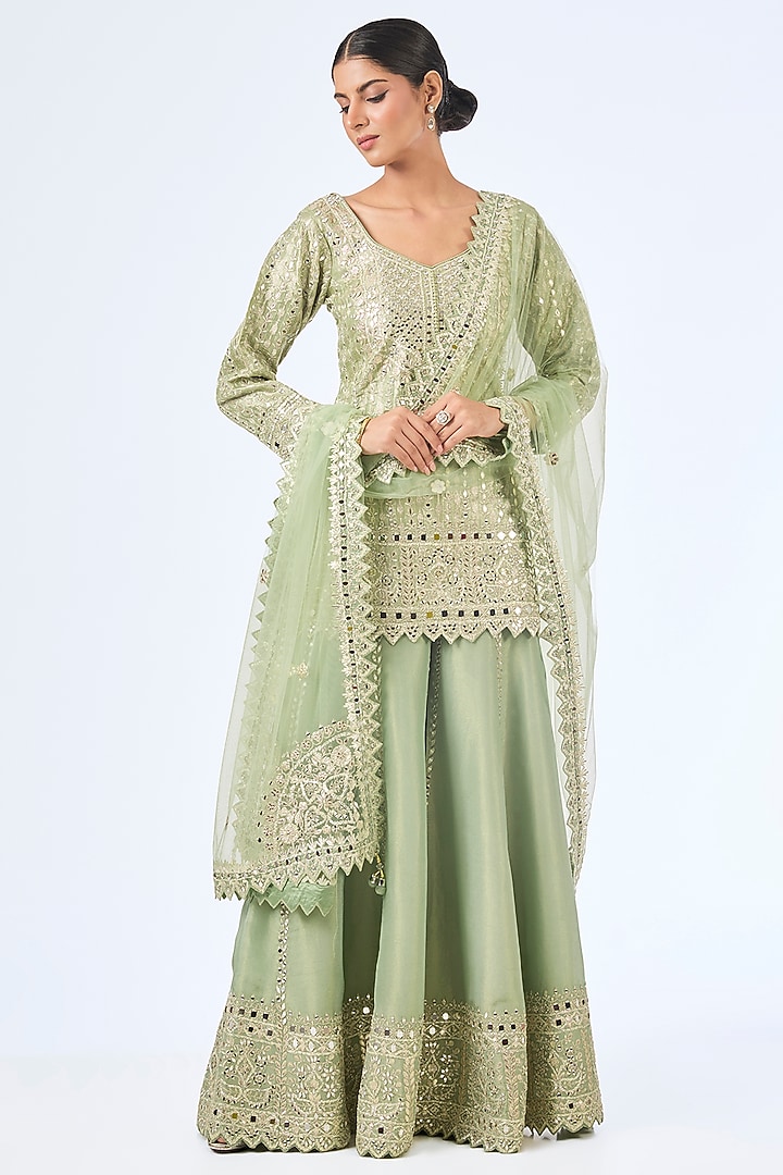 Green Tissue Gota Embroidered Wedding Sharara Set by Suhino at Pernia's Pop Up Shop