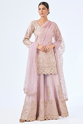 Lavender Tissue Gota Embroidered Sharara Set by Suhino