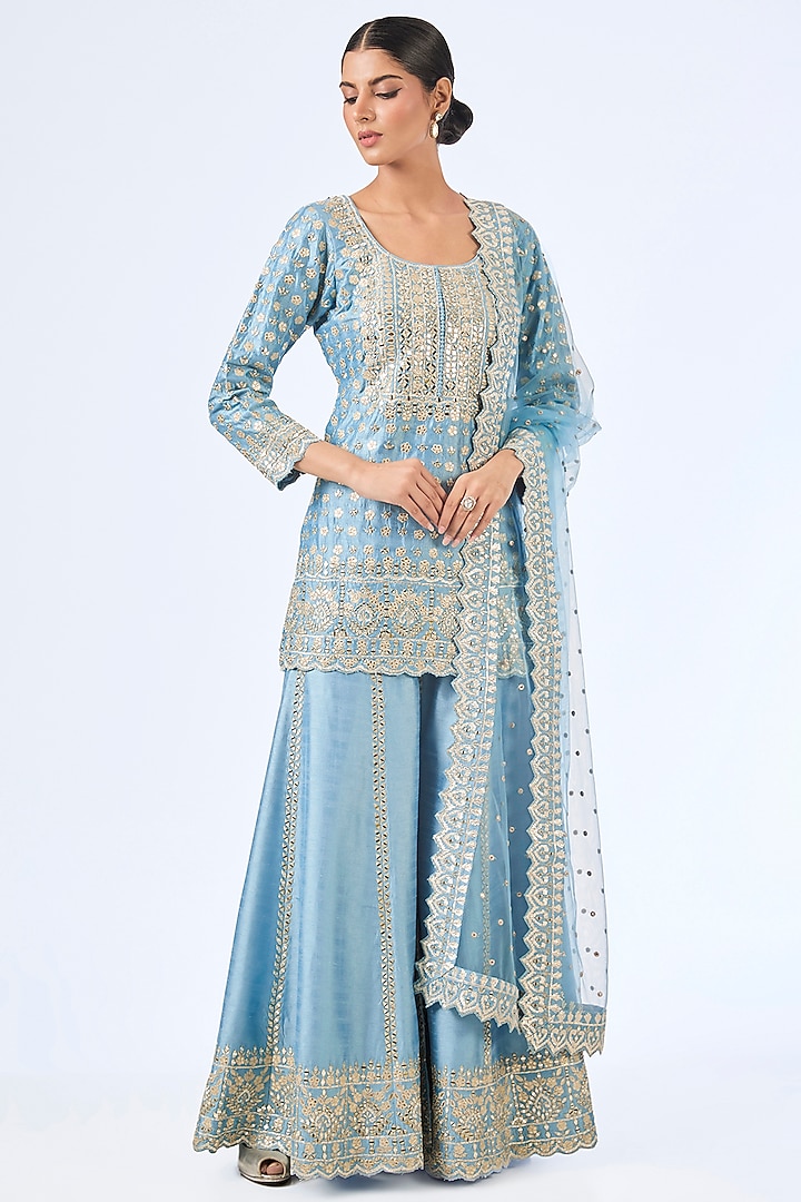 Blue Slub Silk Gota Embroidered Wedding Sharara Set by Suhino at Pernia's Pop Up Shop