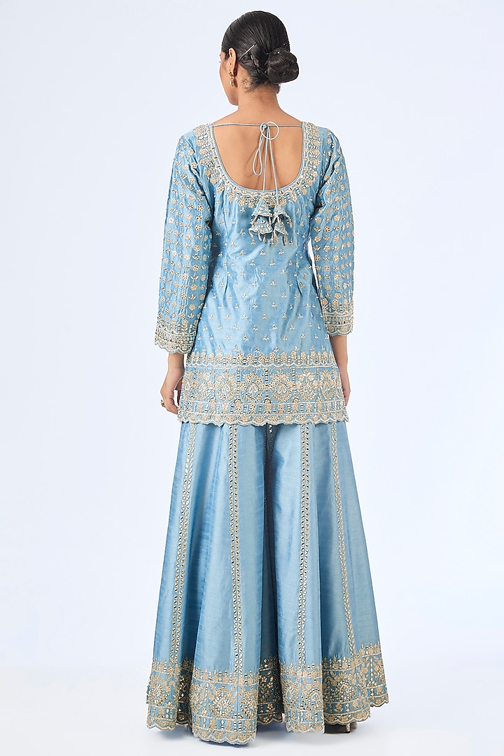 Blue Slub Silk Gota Embroidered Wedding Sharara Set by Suhino at Pernia's Pop Up Shop