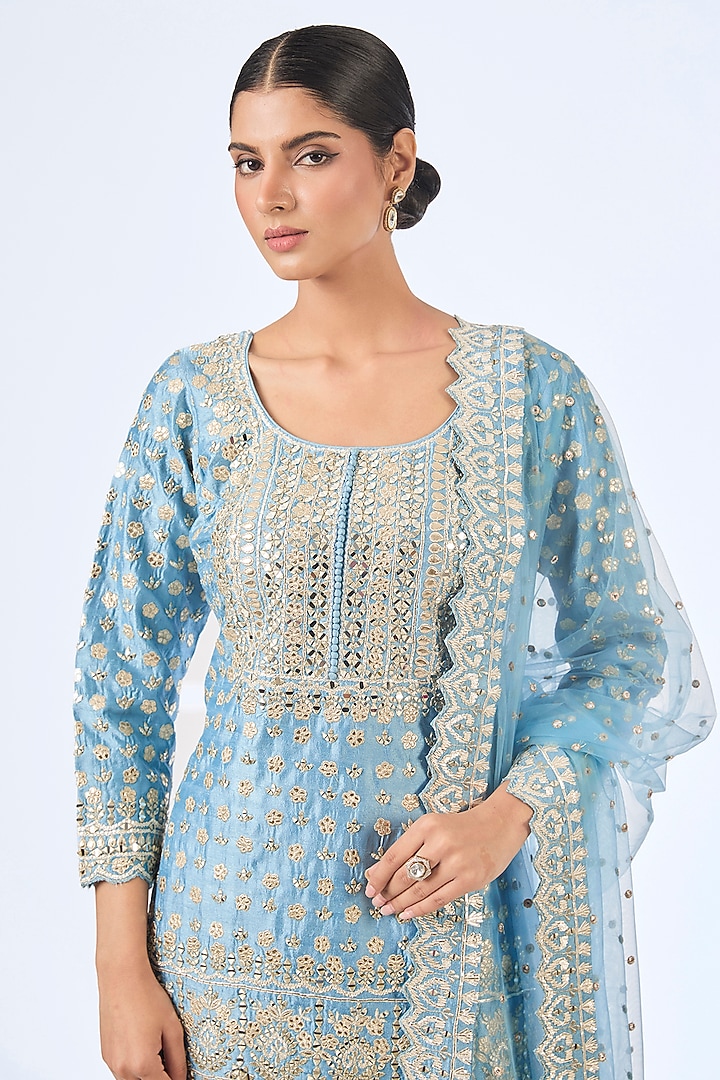 Blue Slub Silk Gota Embroidered Wedding Sharara Set by Suhino at Pernia's Pop Up Shop