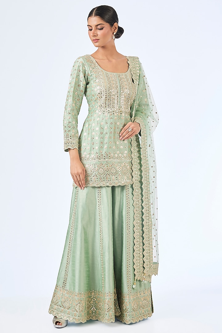 Aqua Slub Silk Gota Embroidered Wedding Sharara Set by Suhino at Pernia's Pop Up Shop