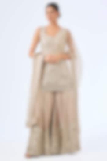 Champagne Slub Silk & Tissue Mirror Embroidered Wedding Sharara Set by Suhino at Pernia's Pop Up Shop