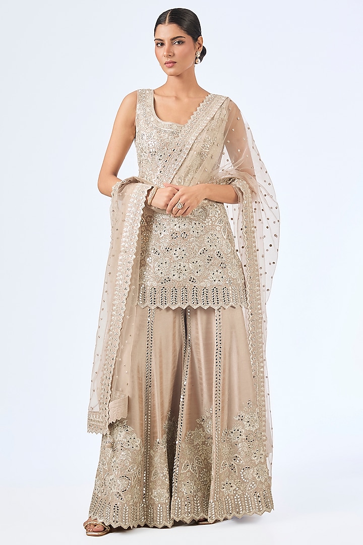 Champagne Slub Silk & Tissue Mirror Embroidered Wedding Sharara Set by Suhino at Pernia's Pop Up Shop