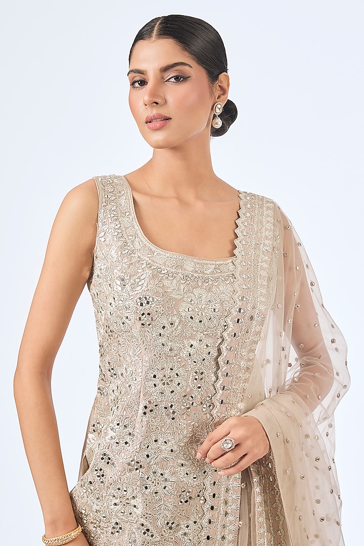 Champagne Slub Silk & Tissue Mirror Embroidered Wedding Sharara Set by Suhino at Pernia's Pop Up Shop