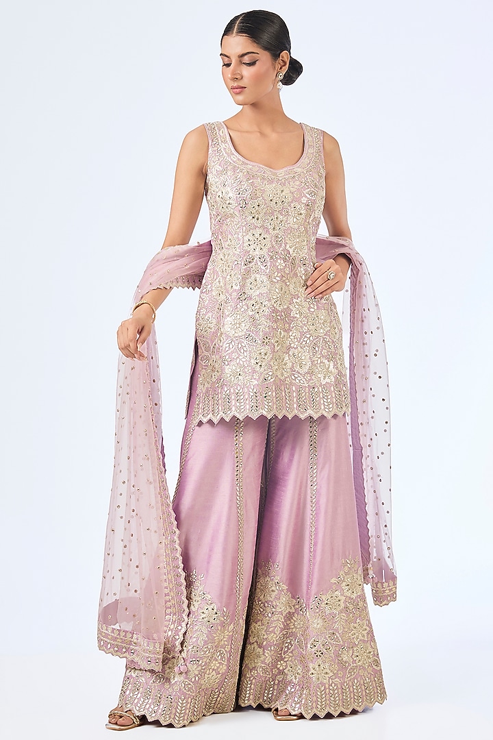 Purple Slub Silk & Tissue Mirror Embroidered Wedding Sharara Set by Suhino at Pernia's Pop Up Shop