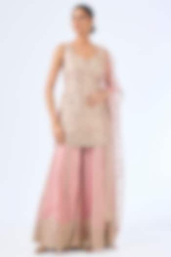 Pink Slub Silk & Tissue Mirror Embroidered Wedding Sharara Set by Suhino at Pernia's Pop Up Shop