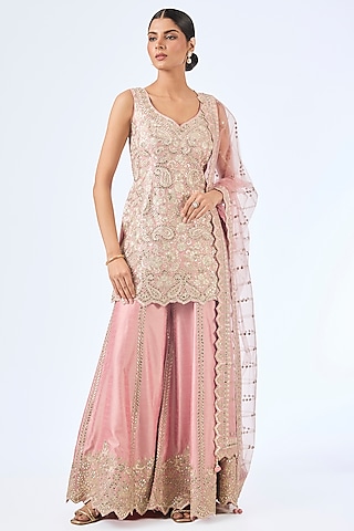 Pink Slub Silk & Tissue Mirror Embroidered Sharara Set by Suhino
