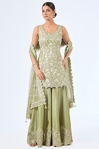 Green Slub Silk & Tissue Mirror Embroidered Sharara Set by Suhino