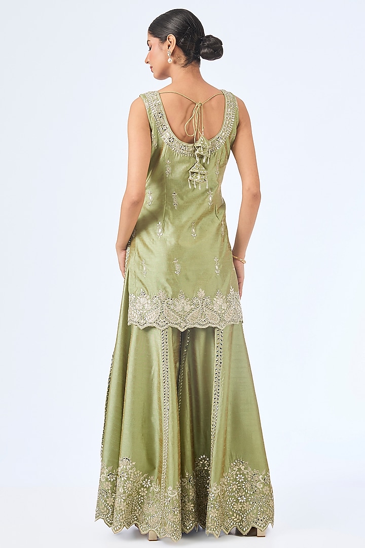Green Slub Silk & Tissue Mirror Embroidered Wedding Sharara Set by Suhino at Pernia's Pop Up Shop