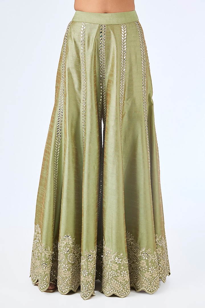 Green Slub Silk & Tissue Mirror Embroidered Wedding Sharara Set by Suhino at Pernia's Pop Up Shop