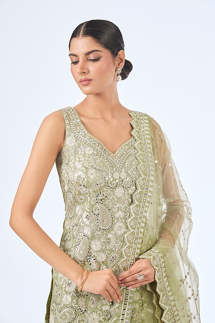 Green Slub Silk & Tissue Mirror Embroidered Wedding Sharara Set by Suhino at Pernia's Pop Up Shop